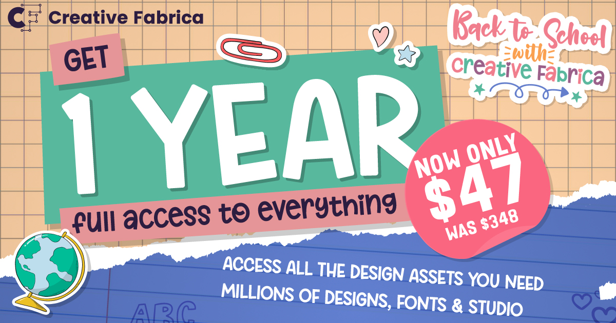 Kreativ Fabrica kampanjebanner med «GET 1 YEAR», «Back to School» og prismerke $4.