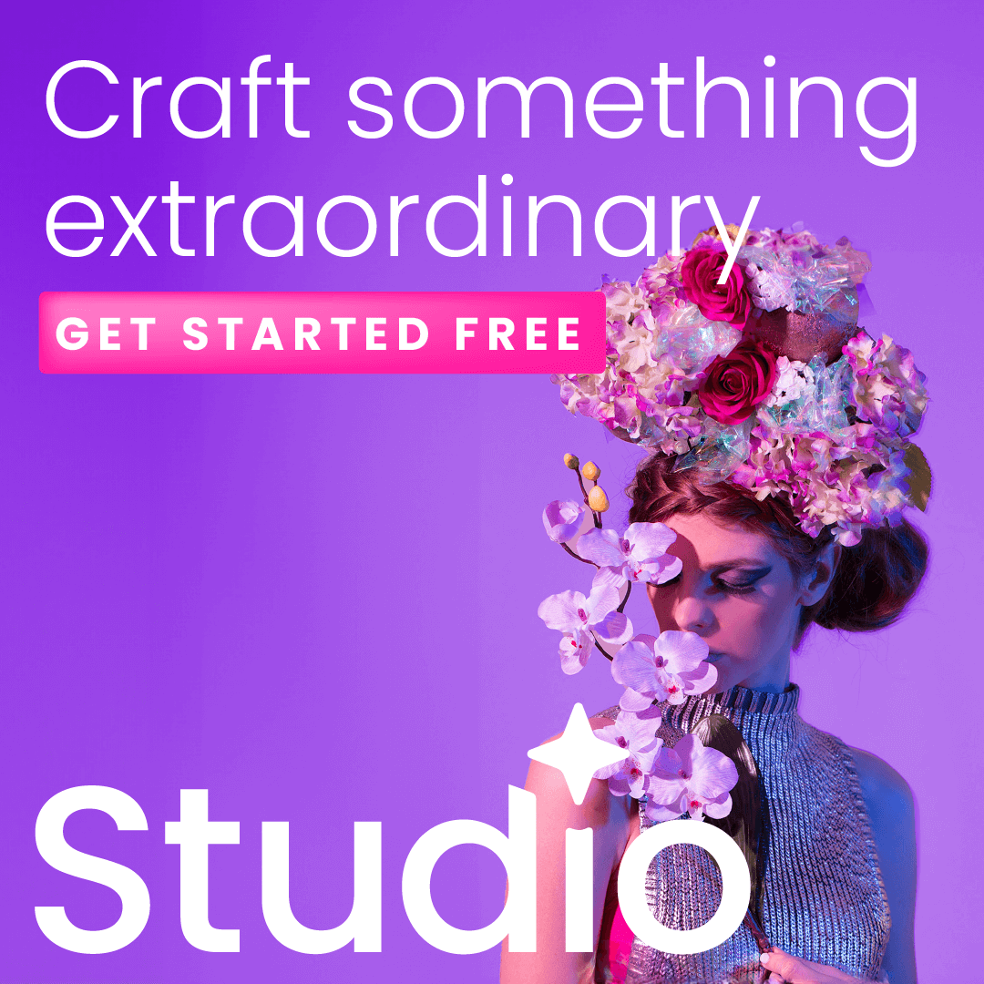 Fargerik plakat med tekst Craft something extraordinary, Studio og jente med blomsterkrans og orkideer.